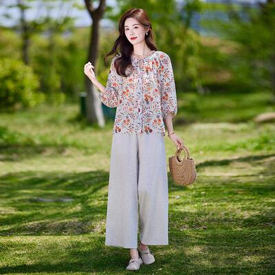 时套装夏季夏季新衫款气质宽松龄衬尚阔腿裤女两GE2533-0件套