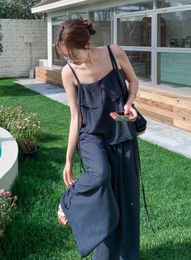 深蓝色冷清松感穿搭套装女夏弛季叶荷边吊带阔腿C528-601裤长裤两