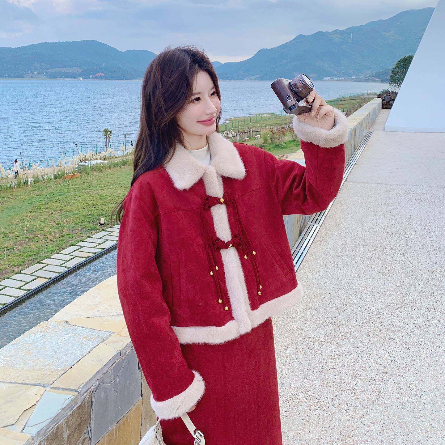 新裙套款中式国C079-457风红色套装女冬新毛绒拼接羽绒外半身裙两