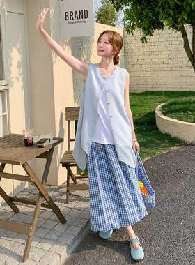 小清件马新甲格夏子半身裙套装女夏新款三套韩系日漂亮巨D151-061