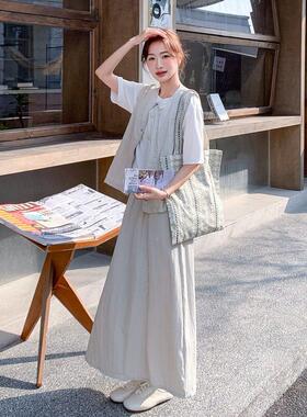 浅米色松弛感简套装女夏新款闲百休搭勤马甲半约通身裙两C525-T82