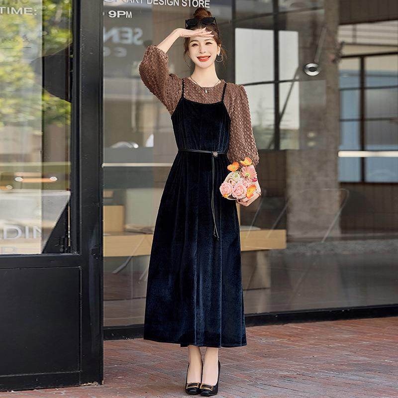 春ZSHI037S秋款吊风带套装连衣裙女慵懒毛宽松大版衣软糯遮肉两件