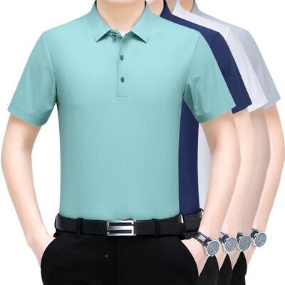 夏季款士桑蚕丝短男袖恤休闲16026-X翻领纯色冰中年爸爸装丝新体