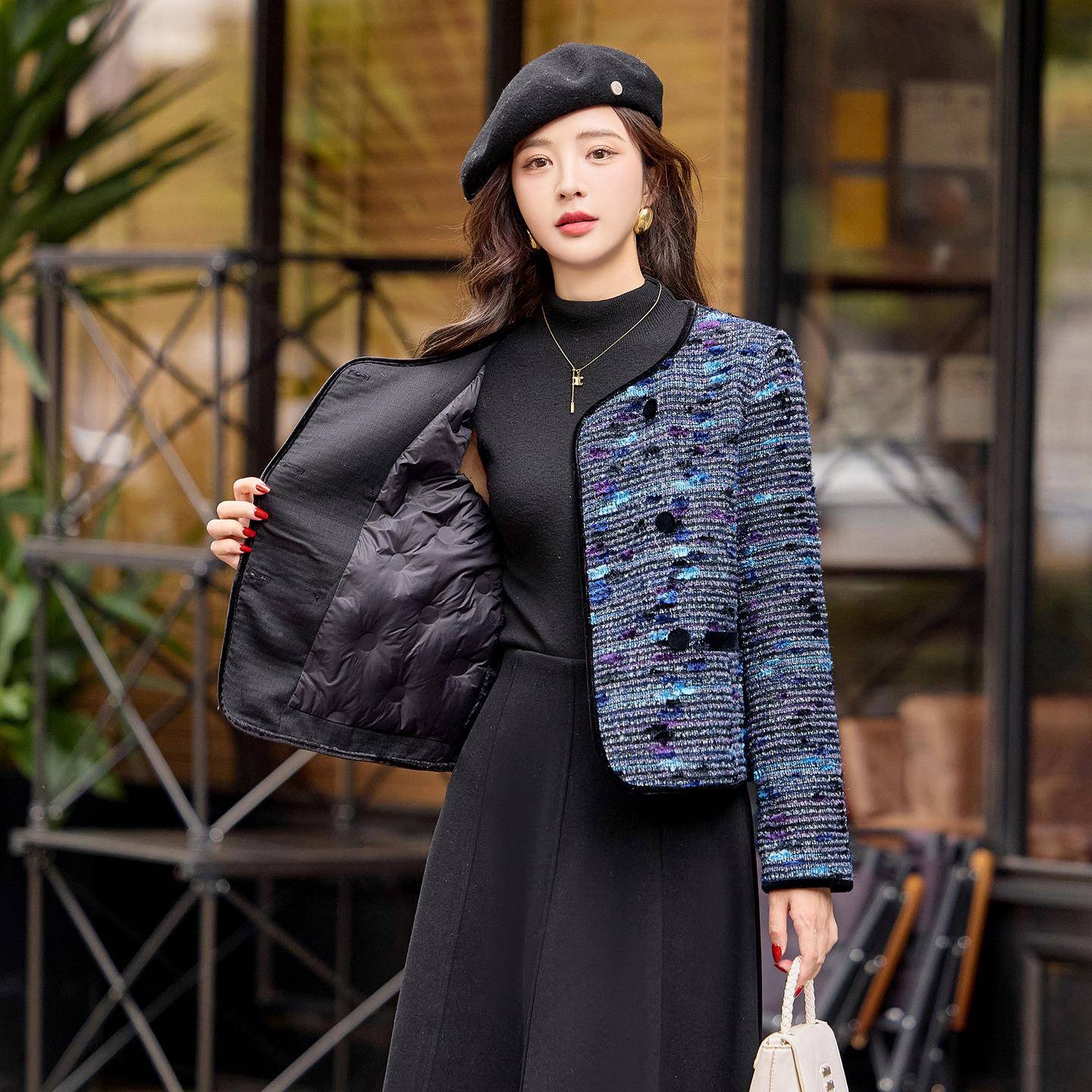 小香风毛呢羽绒LU9110-1外套2025冬季新款尚休闲时洋气减龄百上衣