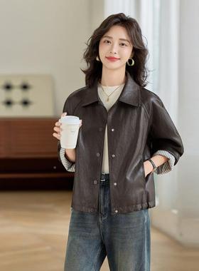 拼接休闲短款P皮外套女2感T025秋新款设计翻领软皮GT8067-0夹克上