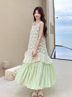 果绿色系轻氧松弛感衣裙套装连女森新款法蕾丝C056-725罩式衫两件