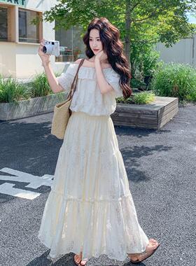 米两白色浪漫巨好看蕾款丝套装C399-Q39女夏季新一字肩上衣半身裙