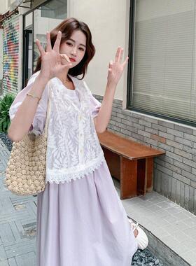 淡两紫色泡泡袖掐腰连衣裙蕾丝花马套装女夏新款钩气甲C212-G29质