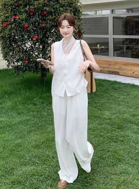 白色极一简气质通勤马甲阔腿裤两件套女穿2B081-77夏季淡人知搭整
