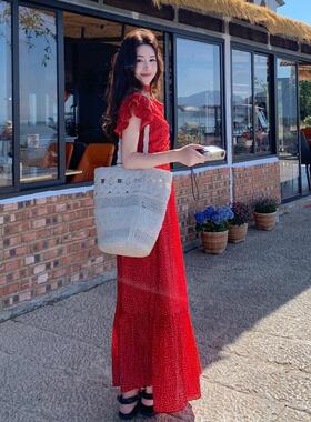 法2B191-88式复古小袖波点红色飞连衣裙女夏独特漂亮长海边度假季