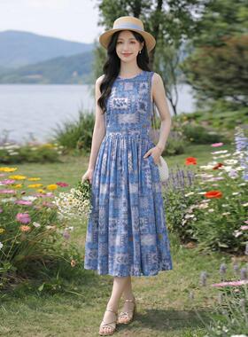 沙夏季新款女装碎度花滩假风裙无袖子圆SY2926-0领中长款连衣裙
