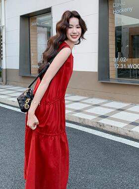式红色法穿搭氛夏围感休简约抽褶连衣裙女季C301-166新款闲显瘦背