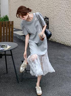 灰色韩系鱼尾蕾丝夏拼接连衣年闲裙女季今流2B213-99行休气质显瘦