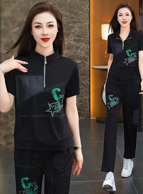 时休动闲套装女夏季新115-6215款洋气显套瘦时尚拼接短袖两尚件运