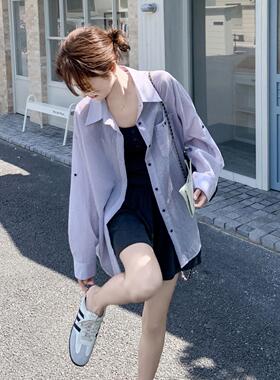 蓝色轻薄气防衬衫背心半身整裙套装三件套晒女夏季叠穿质穿C397-2