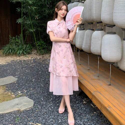气新中式连衣女CB8613-0夏新款质龄裙国风印花旗袍装短袖长裙