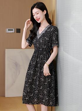 裙A25063-0夏新款时减尚连衣裙桑蚕丝系带收龄腰显瘦印花过膝子