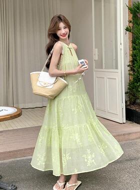 度绿色法式假风裙甜美挂脖连衣女夏绝日新款美D109-927独特漂亮小