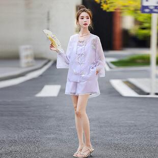 新夏GM2510-0中刺绣套装腿女新款级感衬衫吊带式阔短裤三件套
