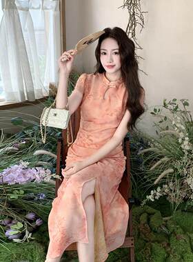 粉C295-88色新式国印改良旗袍花连衣裙女夏季风新中款修身显瘦长