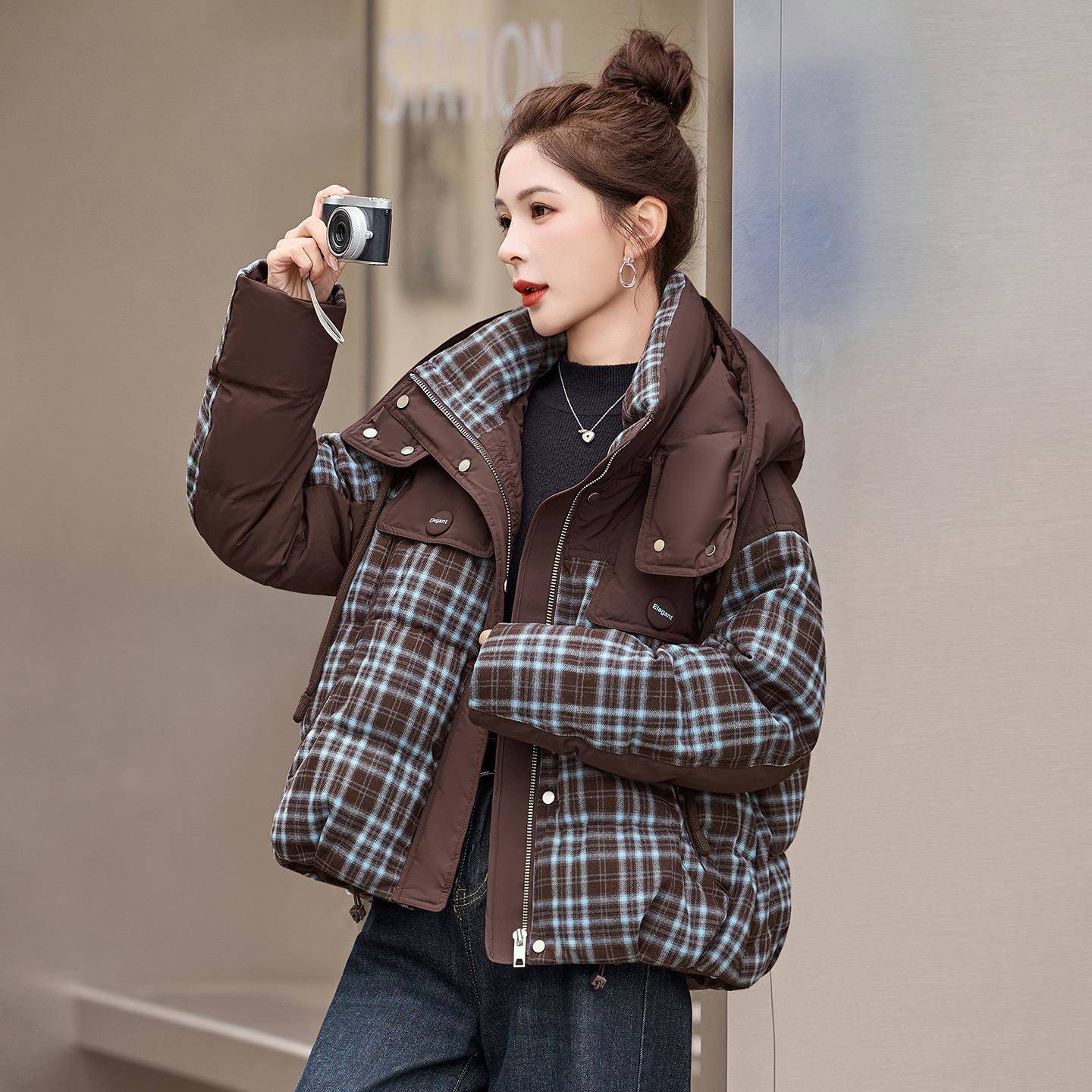 复古格子接连帽短款羽绒级服女拼季加厚新款ZAI9133S高感冬白鸭绒