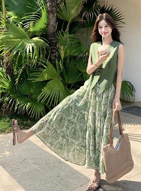 绿色法装式级气质套女初夏新高B073-608款简约马甲印花半身裙两件