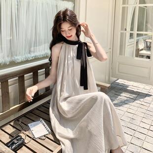 接法式袖甜美挂脖连衣裙女夏季新大B005-602方得体拼绝美露款肩无
