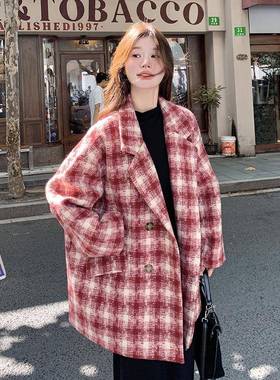 红色格纹小子装毛呢西外套女个冬新高款级感洋气减龄C155-801呢子