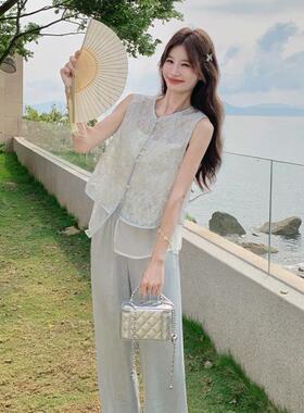 浅马蓝色清冷国薄风套装女夏季D031-269款蕾丝纱新甲断面阔腿裤两