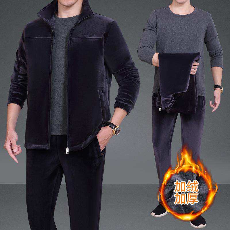 男冬装绒697866亲保暖加厚运动服套装中年休爸闲三件加套父套装爸