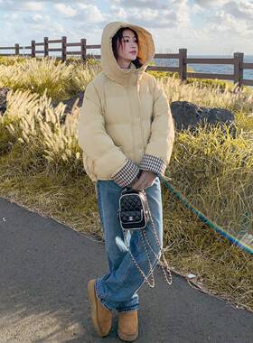 蓝色格子b171-XW拼接连帽羽绒服女季款新设计感超好包看小个冬子