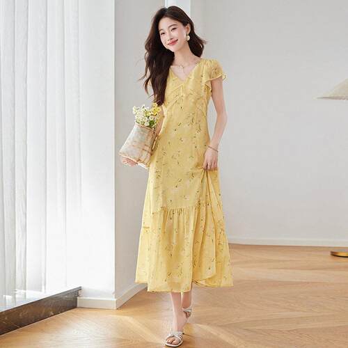 夏季新款女鱼气质修身仙女裙碎显瘦领尾ME5664-0装连衣花裙