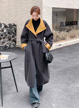 风撞色保慵懒暖毛呢大衣女B271-926韩系级感冬季新款时髦显瘦呢高