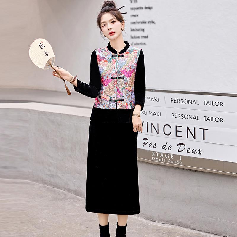 新中绒式国风套甲装裙春秋款高级感气质刺绣丝新ZGUAN922盘扣马两