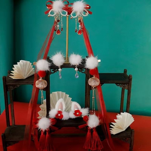 汉服头饰新年配饰过年红色毛球流苏发夹蝴蝶飘带网红拜年古风发饰