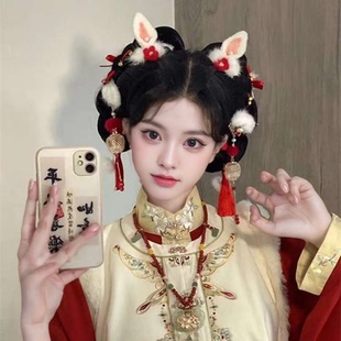 汉服头饰新年配饰过年红色毛球流苏发夹蝴蝶飘带网红拜年古风发饰