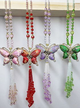 宋锦彩色蝴蝶流苏长款毛衣链显瘦