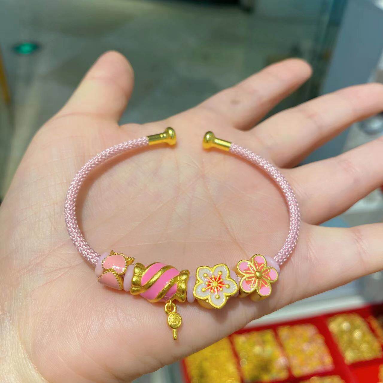 粉色桃花樱花糖果爱心转运珠立体隔珠C型手环穿珠配饰diy饰品配件