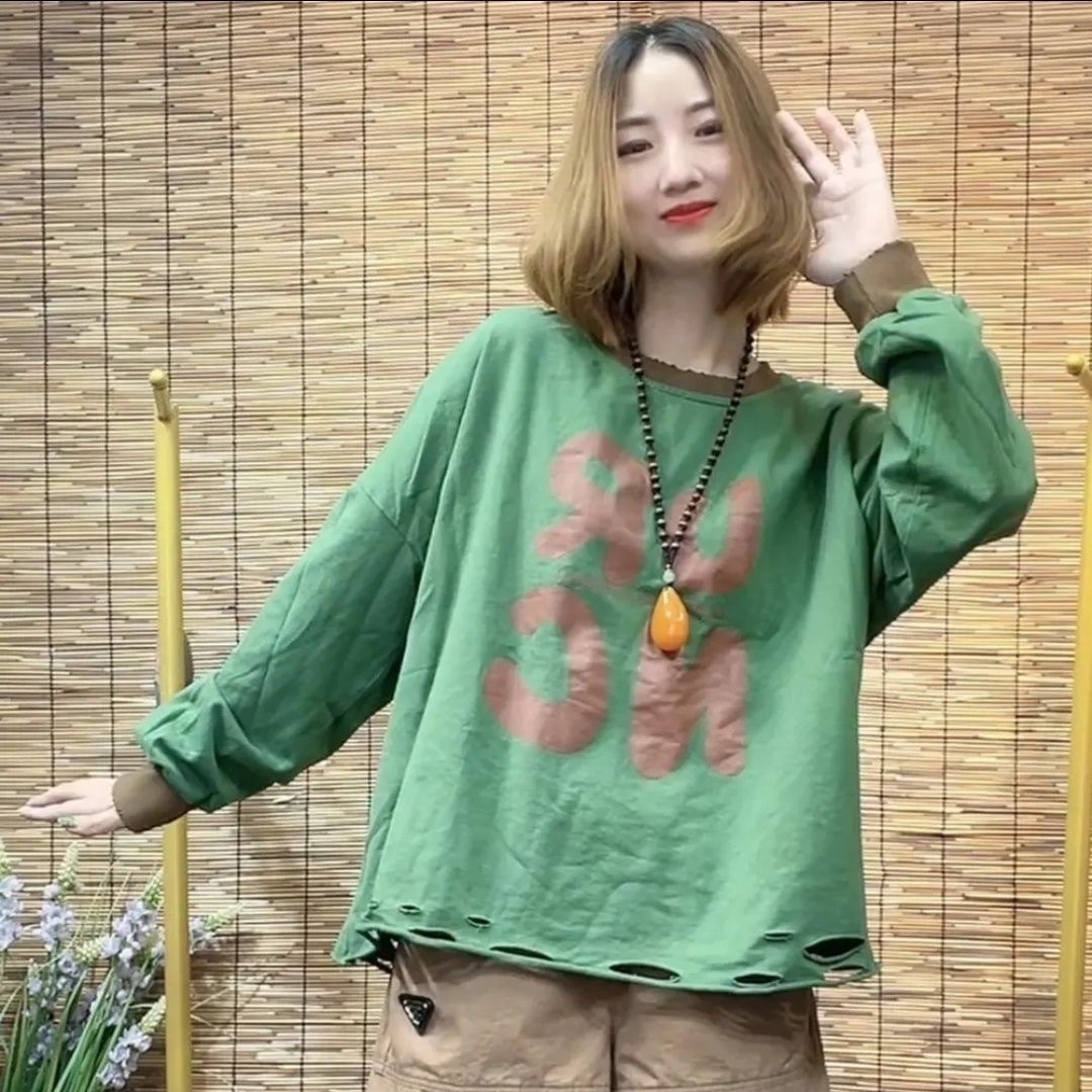2025春新款韩版破洞印花100%纯棉卫衣女短款宽松百搭休闲拼色显瘦