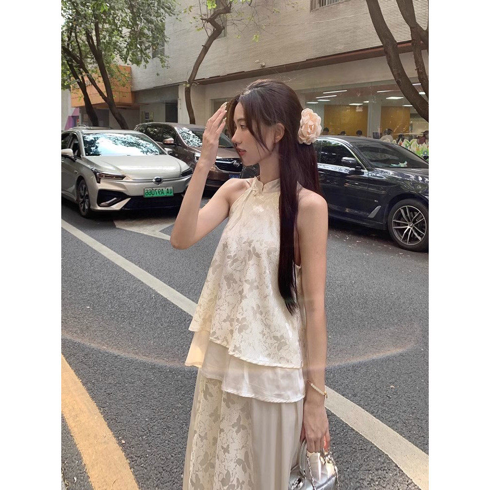 新中式国风连衣裙套装女高级感蝴蝶印花上衣半身长裙子两件套夏季图片