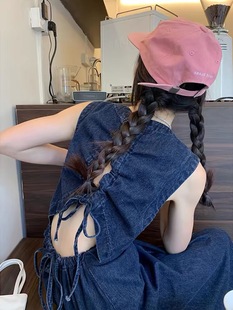 小众设计感后背镂空连衣裙女装夏季气质收腰显瘦蓝色牛仔裙长裙子