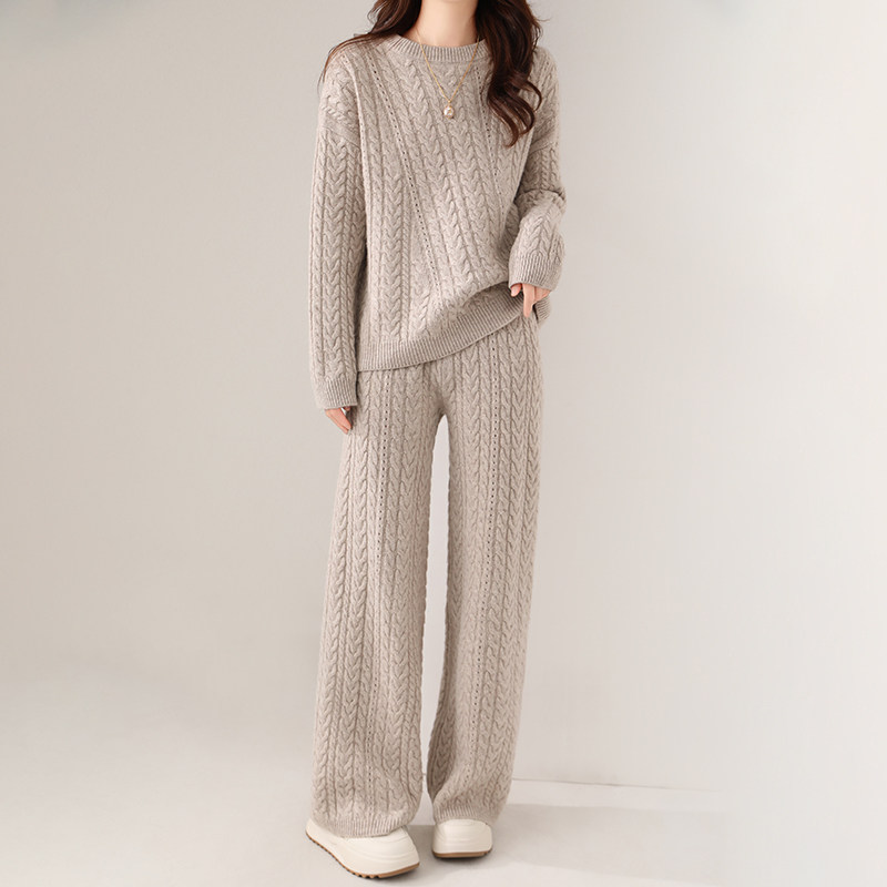 重工绞花羊绒针织套装女圆领套头毛衣休闲阔腿裤100%纯羊绒两件套
