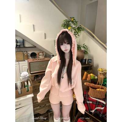 兔耳朵连帽宽松百搭外套短裤套装