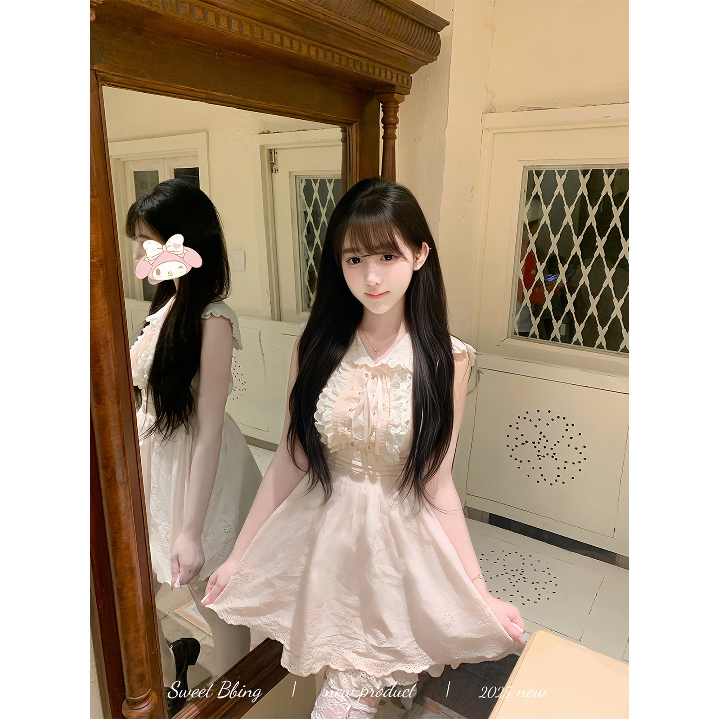 BBING甜饼 落樱情书 浅粉色少女绑带花边蕾丝海军领收腰连衣裙