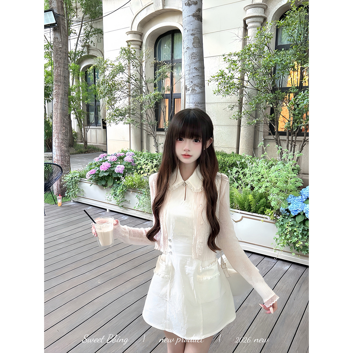 BBING甜饼 白梨花 初恋感收腰少女连衣裙小白裙微透蕾丝针织开衫