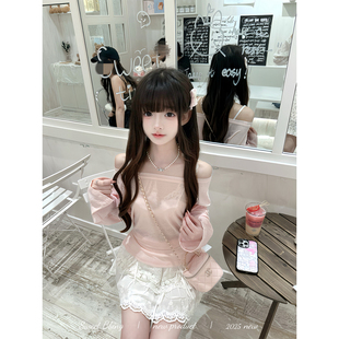 BBING甜饼 温柔妹妹 绑带长袖微透宽松薄罩衫露肩上衣蕾丝蛋糕裙
