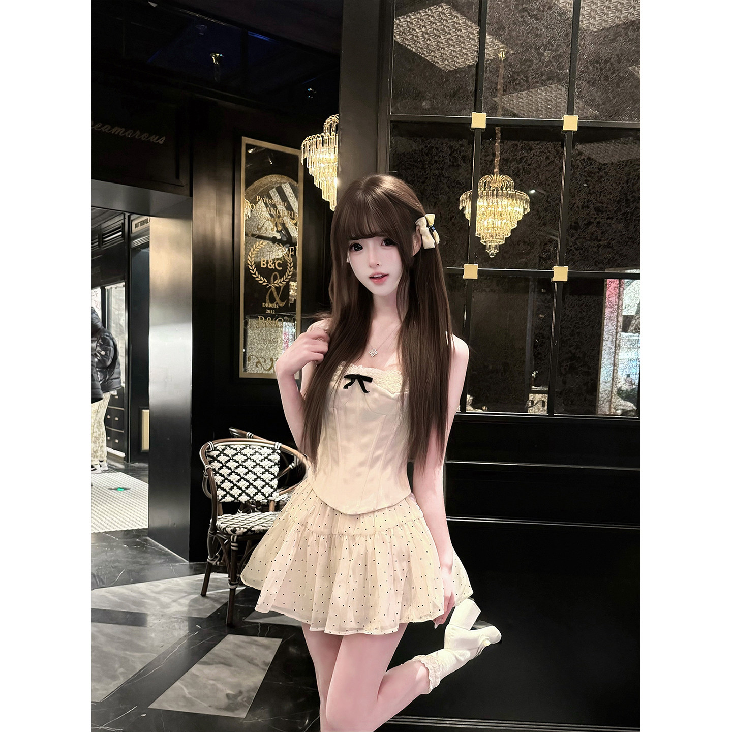 BBING甜饼 公主限定 蕾丝无袖鱼骨胸衣修身吊带内搭＆温柔波点裙