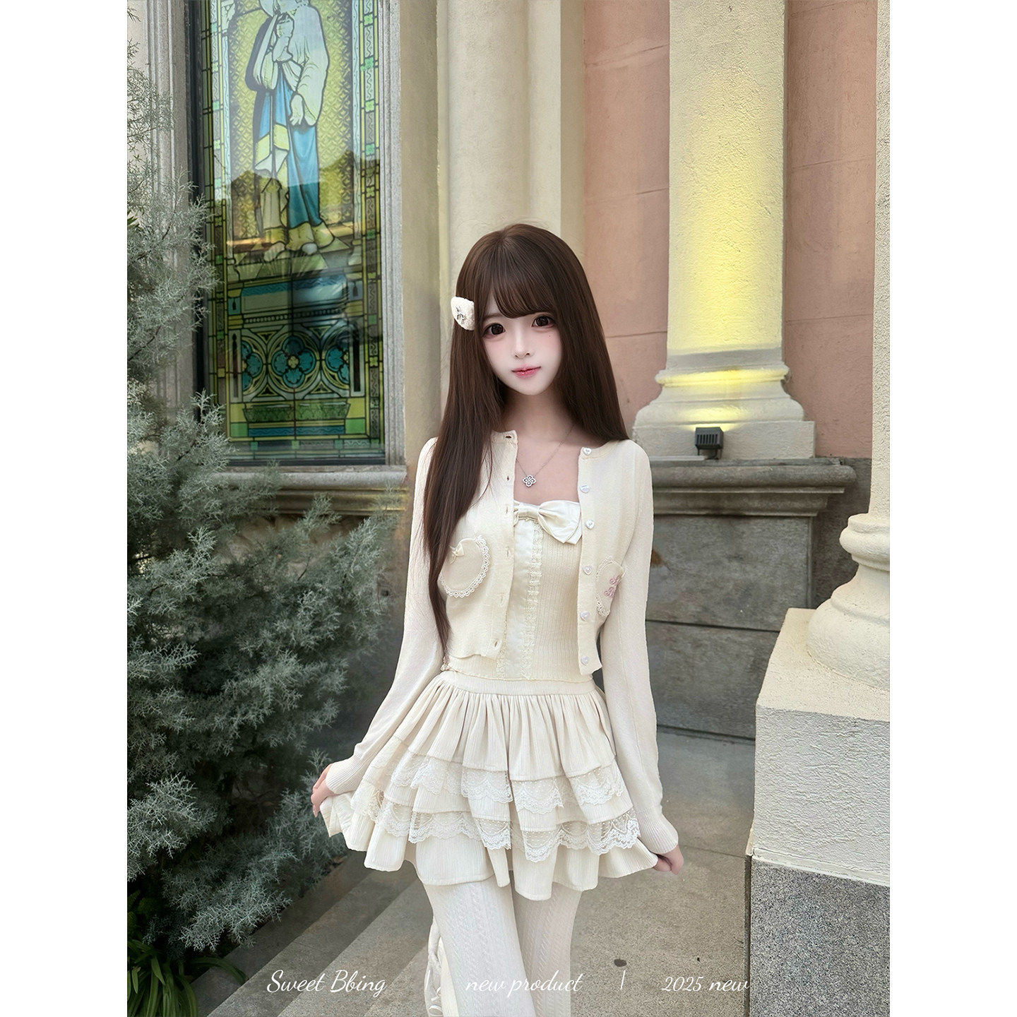 BBING甜饼 奶酪芝士 秋冬圆领针织短开衫蝴蝶结爱心口袋软糯外套