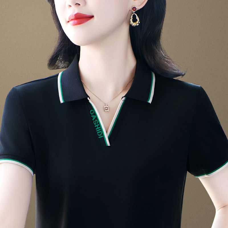 polo领短袖t恤女夏妈妈纯色百搭修身显瘦小个子正肩翻领休闲上衣