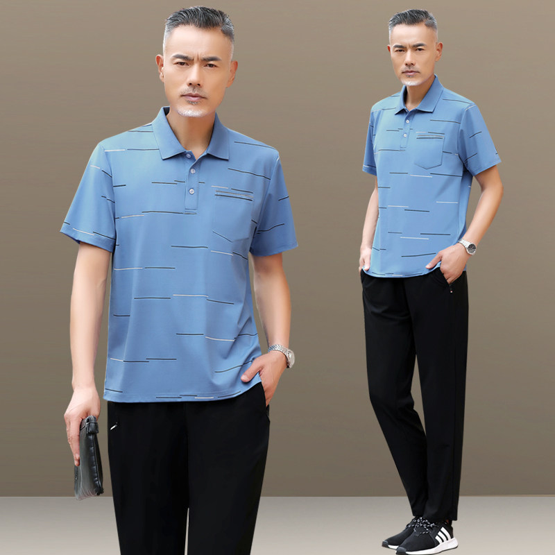 中年人男士爸爸夏装套装冰丝短袖t恤中老年男装休闲运动服男夏季